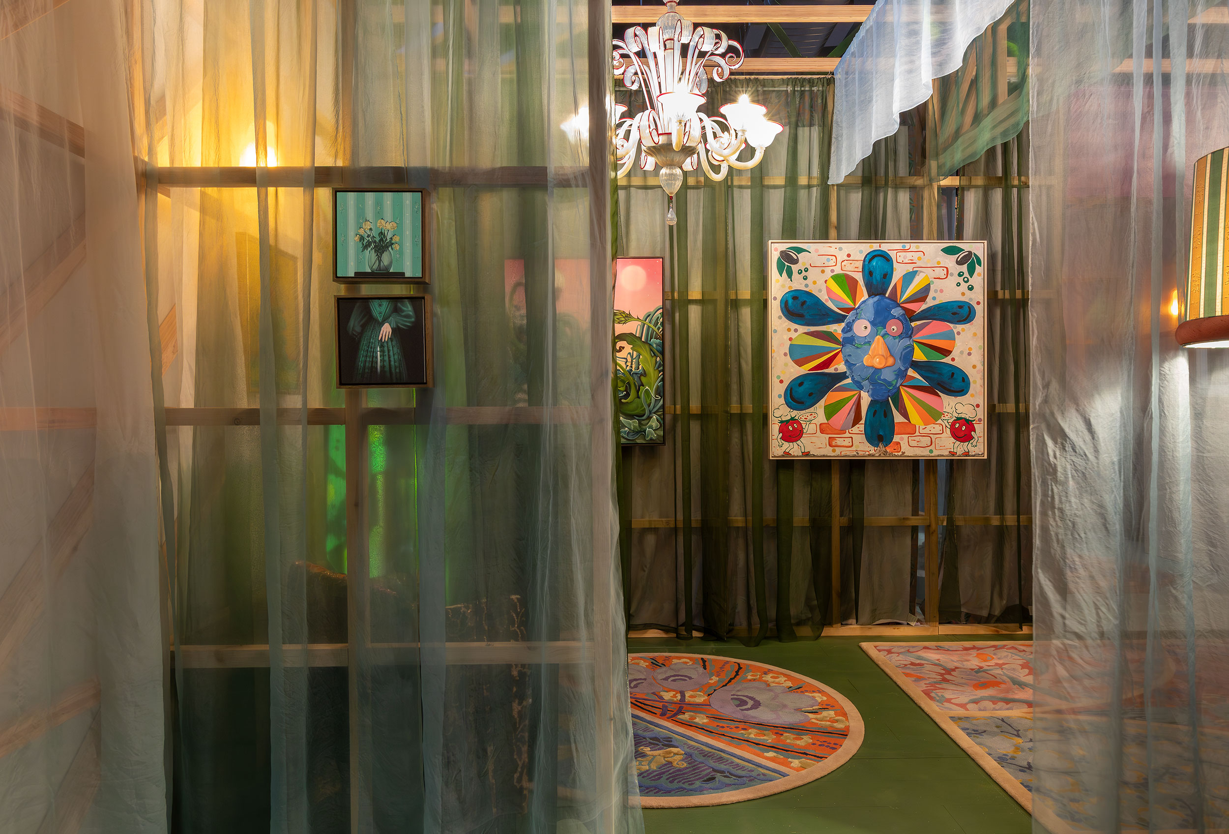 Installation view, Artbank client Cultivated in collaboration with Romance Was Born, studio x us, Cult Design and TSAR Carpets, RE:BORN featuring artwork by Leo Coyte, Rose Espinosa and Eduardo Wolfe‐alegria (cropped), 2026. Photo: Christian Capurro.
