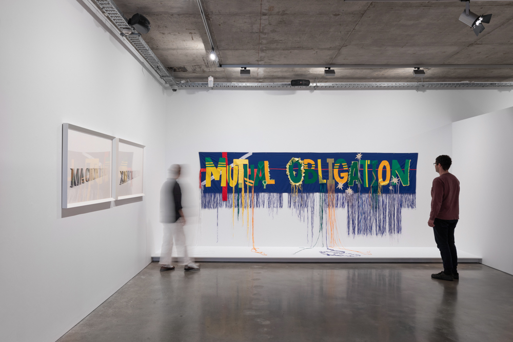Installation view, Art Text/Text Art: 45 years of visual storytelling exhibition curated by James Kenney, Artbank Window, Sydney, 2025. Photo: Jessica Maurer