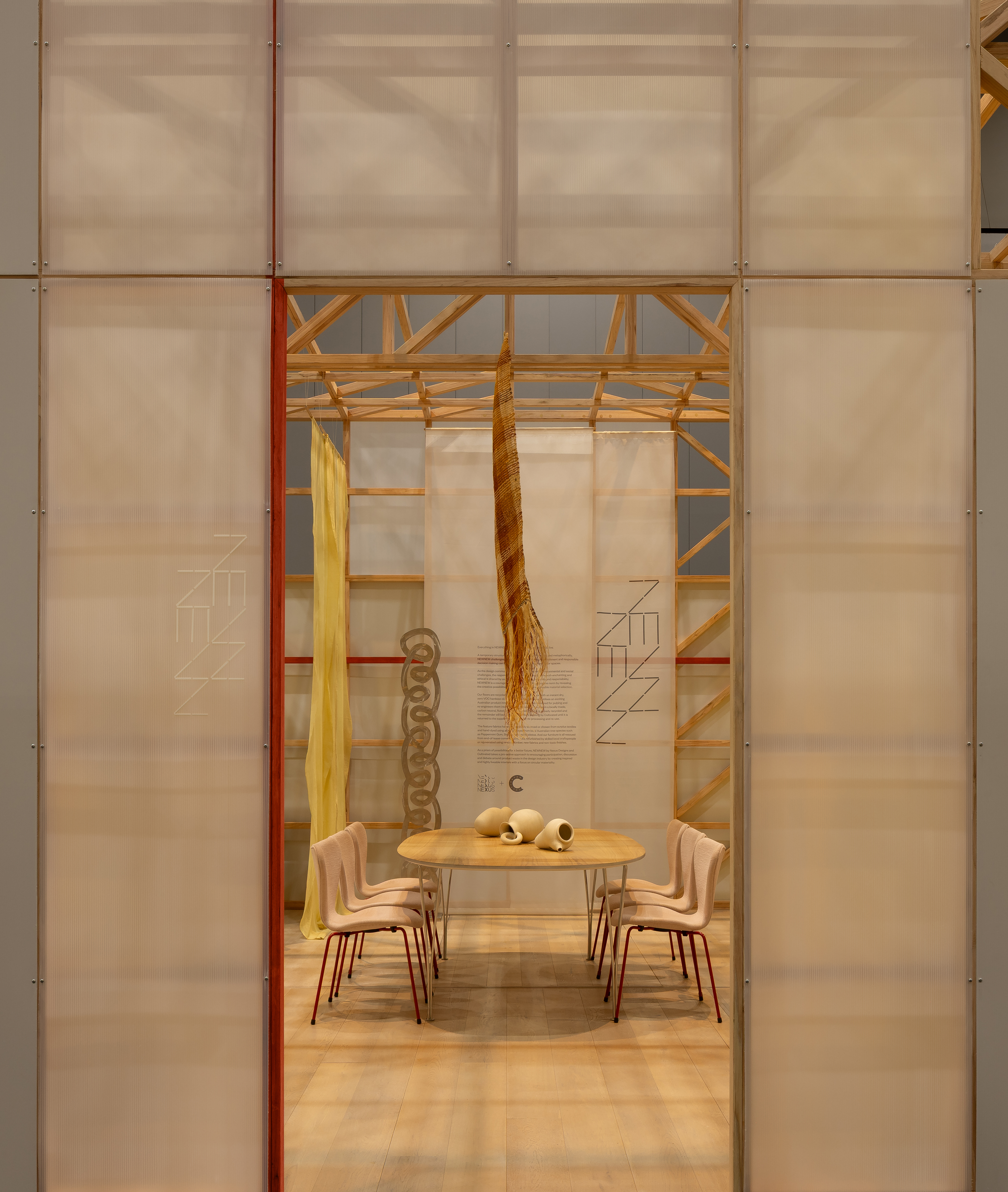 Artbank client Cultivated and Nexus Designs NEWNEW Pavillion featuring artworks by Christopher Hodges, Margaret Djarrbalabal and Tyza Hart, 2026. Photo: Timothy Kaye.