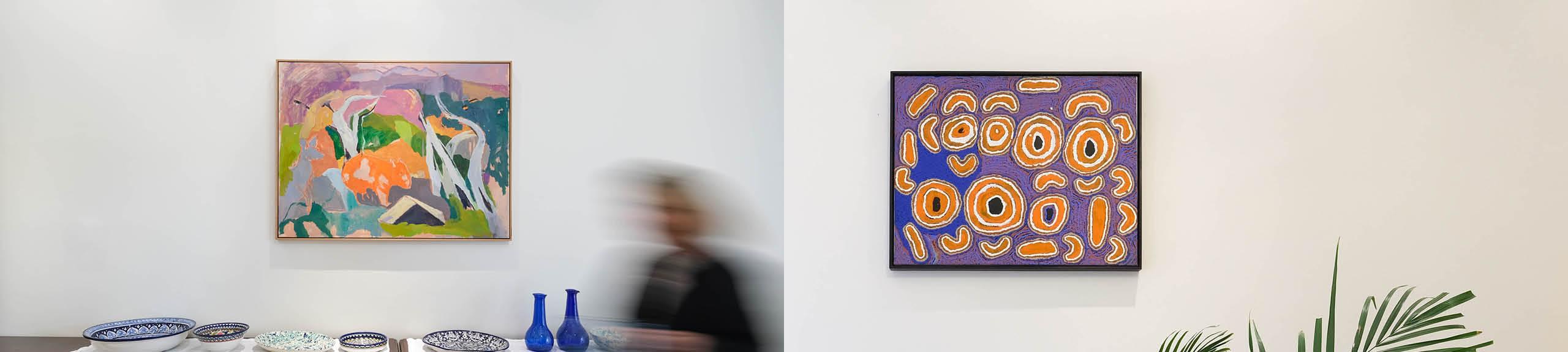 (left) Installation view, Artbank client Australian Embassy Kuwait featuring artwork by Prudence Flint. (right) Installation view, Artbank client Australian Embassy Kuwait featuring artwork by Naanu Nangala. Photos: Muneera Al Yahy for Artbank 2025.
