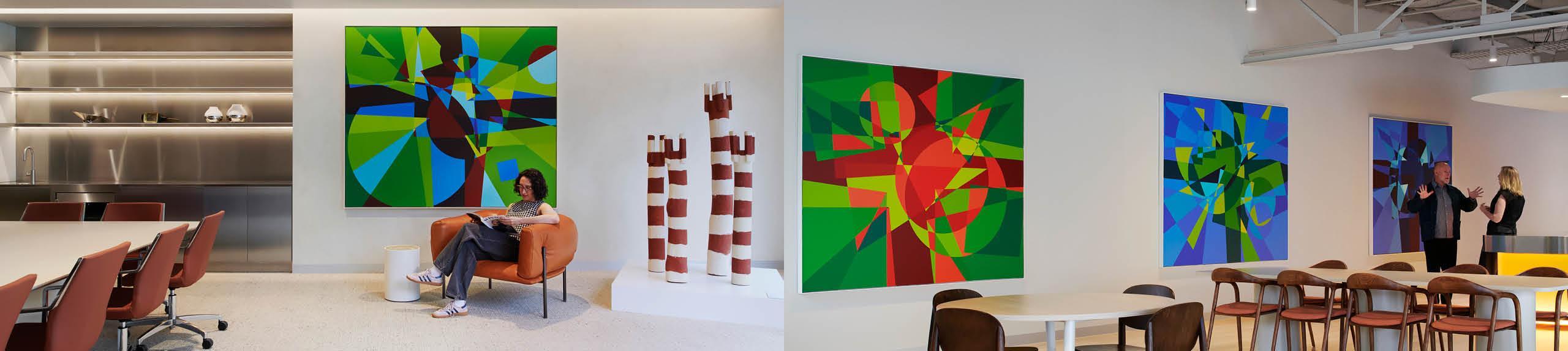Installation views, Artbank client Winning Group featuring artwork by Tom Loveday and Joel Ngallametta, Sydney. Photos: Nicole England for Artbank 2026.