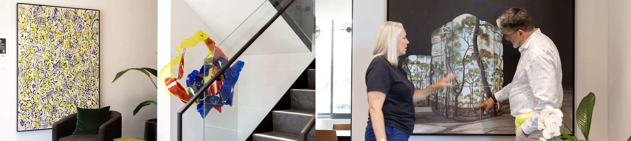(left) Installation view, Artbank client Kervale featuring artworks by Arthur McIntyre and Anne-Marie May, 2025. (right) Rob Moolman with Artbank Art Consultant Susie Cornish featuring artwork by Dale Cox, 2025. Photos: Gemma Thomas.
