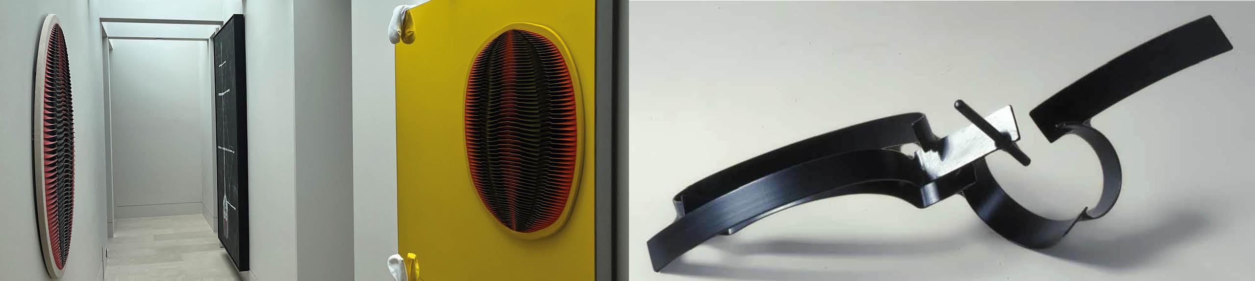 (left) Installation view, Artbank client Kurraba House featuring artworks by Marion Borgelt, Kirra Jamison and Tay Haggarty. (right) Lenton Parr, 'Scorpio K', 1987, Steel, painted.