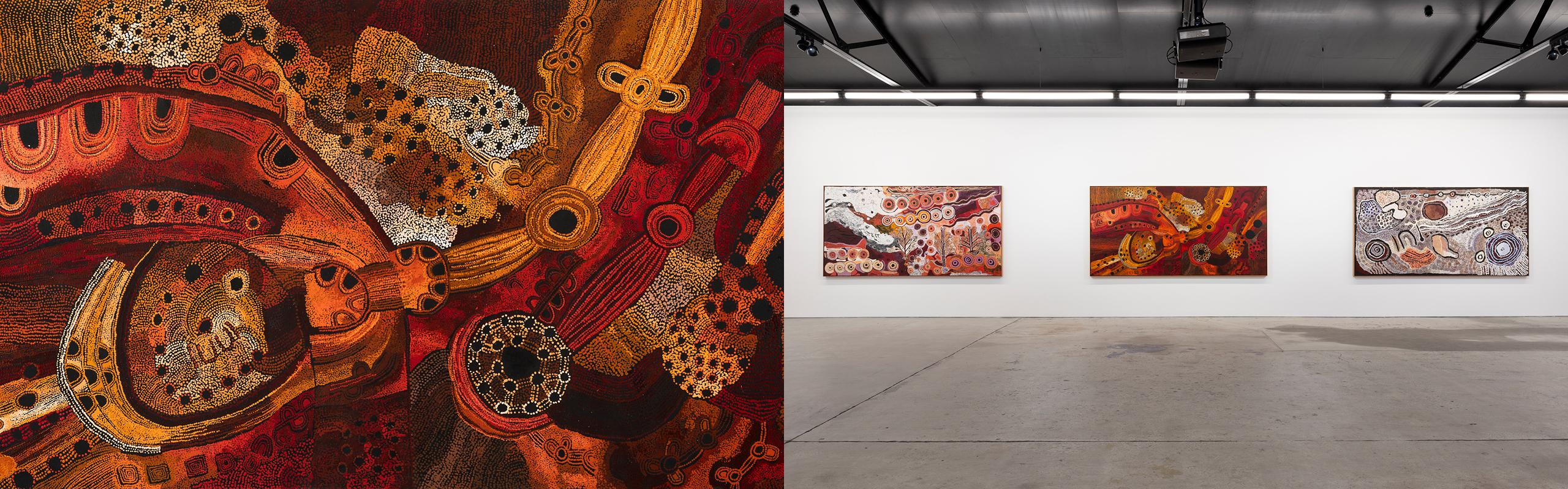 Aboriginal artwork in orange, black and white