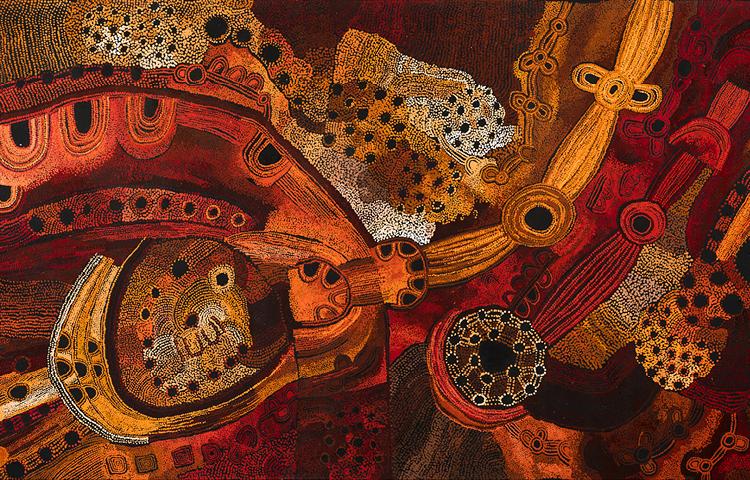 Aboriginal artwork in orange, black and white
