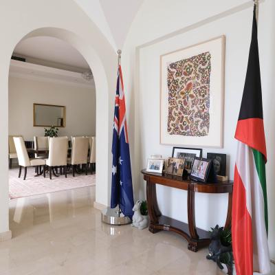 Artbank client Australian Embassy Kuwait featuring artwork by Daisy Napaltjarri Jugadai, 2025. Photo: Muneera Al Yahya