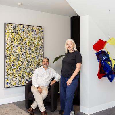 Rob Moolman with Artbank Art Consultant Susie Cornish featuring artwork by Arthur McIntyre and Anne-Marie May, 2025. Photo: Gemma Thomas.